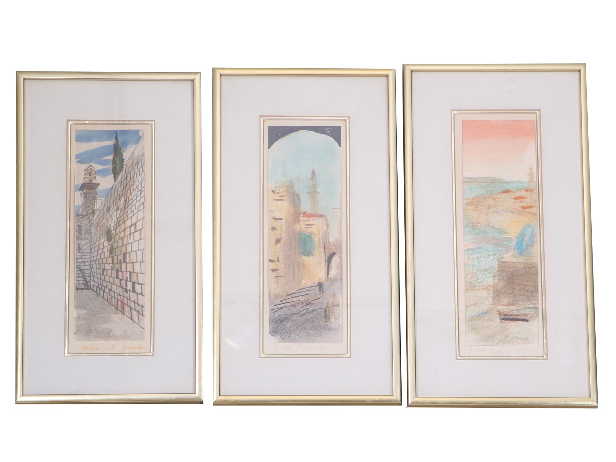 THREE JUDAICA ISRAELI MIXED MEDIA PAINTINGS SIGNED PIC-